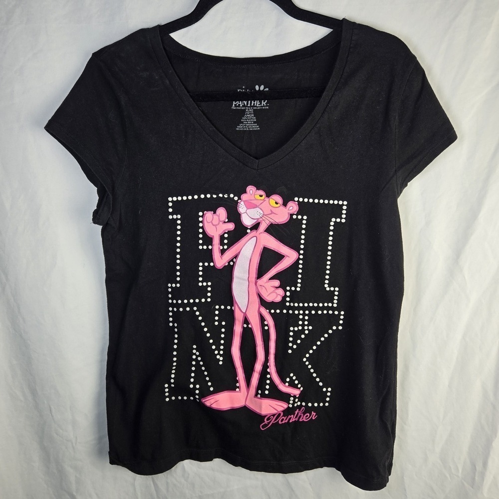 Pink Panther Graphic T Shirt Juniors XL V Neck Black Glitter Puff Paint Retro